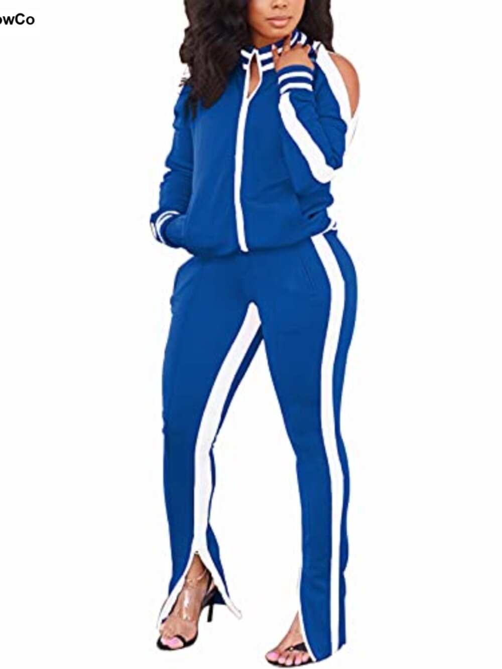 Women 2 Piece Tracksuit Set Striped Zip Jacket Bodycon Pants Cold Shoulder